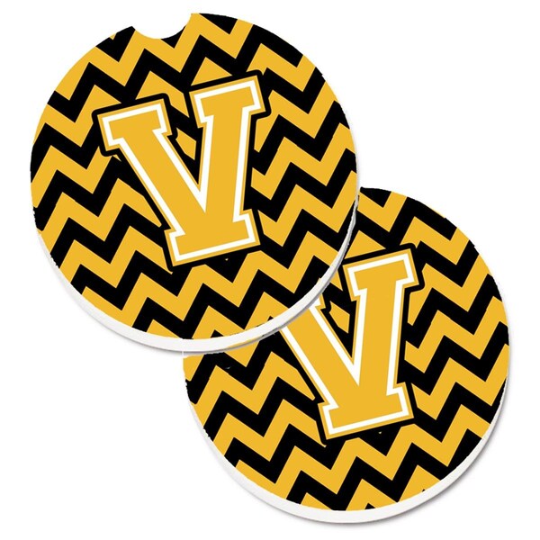 Carolines Treasures Letter V Chevron Black and Gold Cup Holder Car Coaster, PK2 CJ1053-VCARC - main